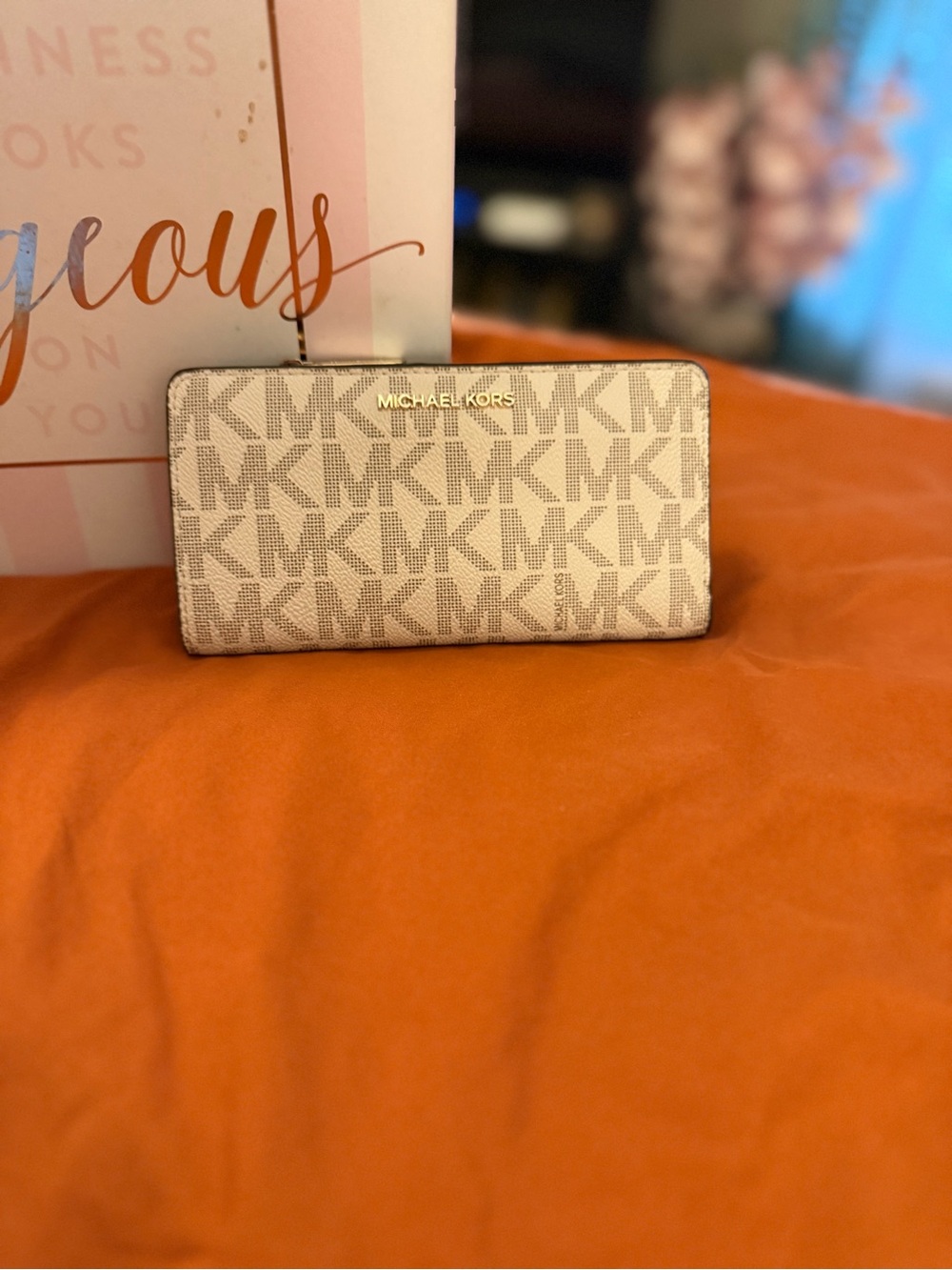 Michael Kors Beige Taupe MK Logo Zip Continental Wallet